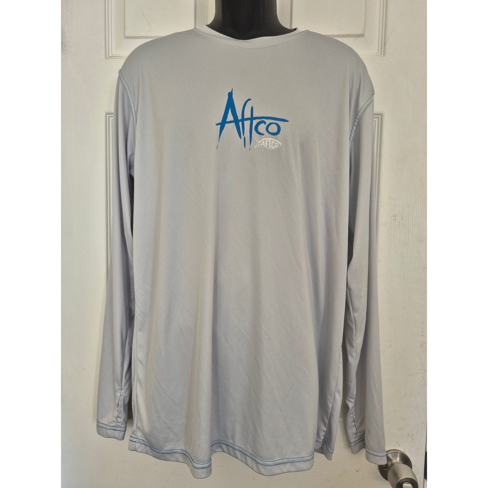AFTCO Mens Performance Fishing Shirt Long Sleeve Grey Blue Logo Size Large